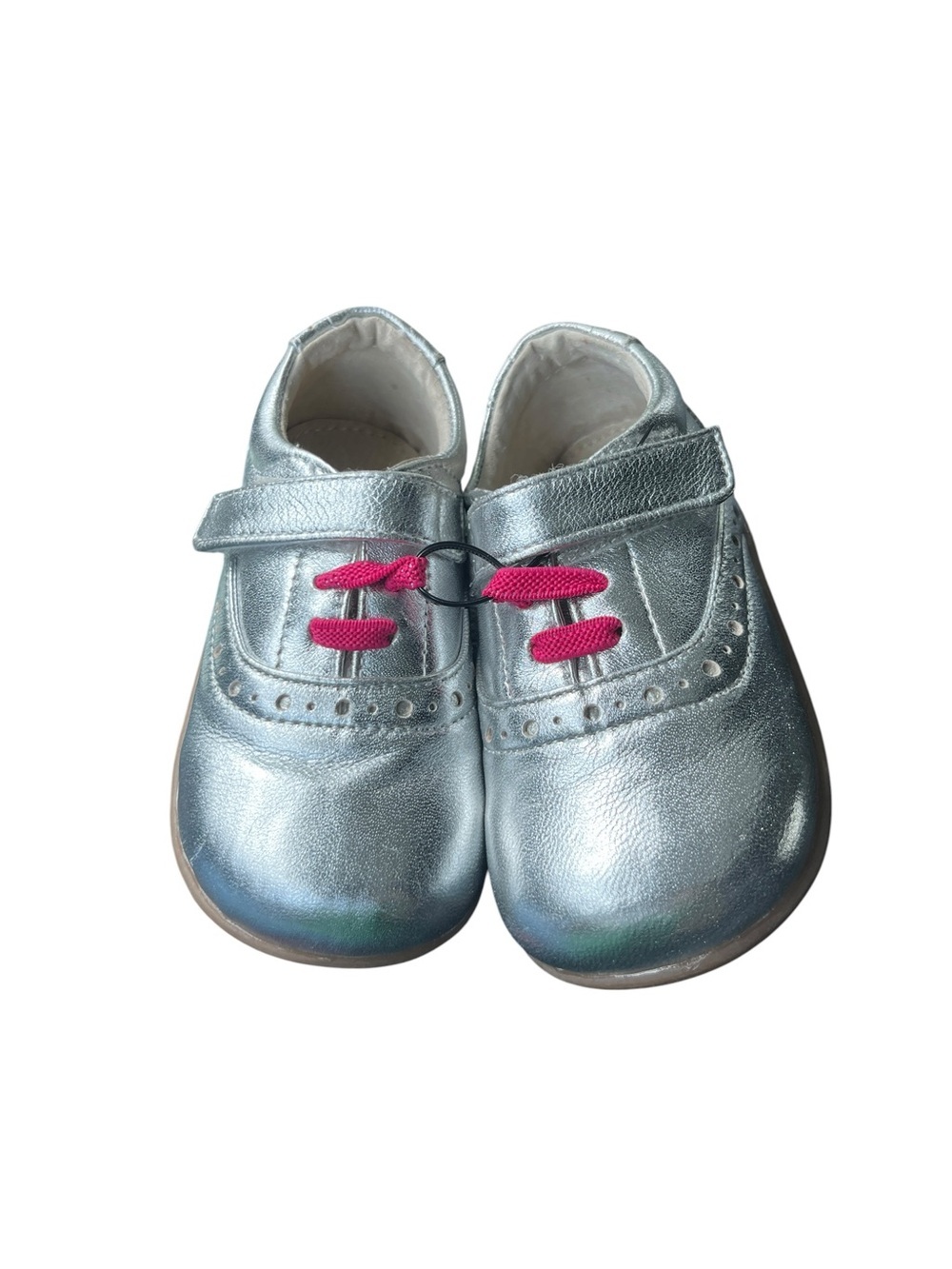 NWOT See Kai Run Silver Toddler Leather Mary Jane Shoes with Pink Accents Sz 7